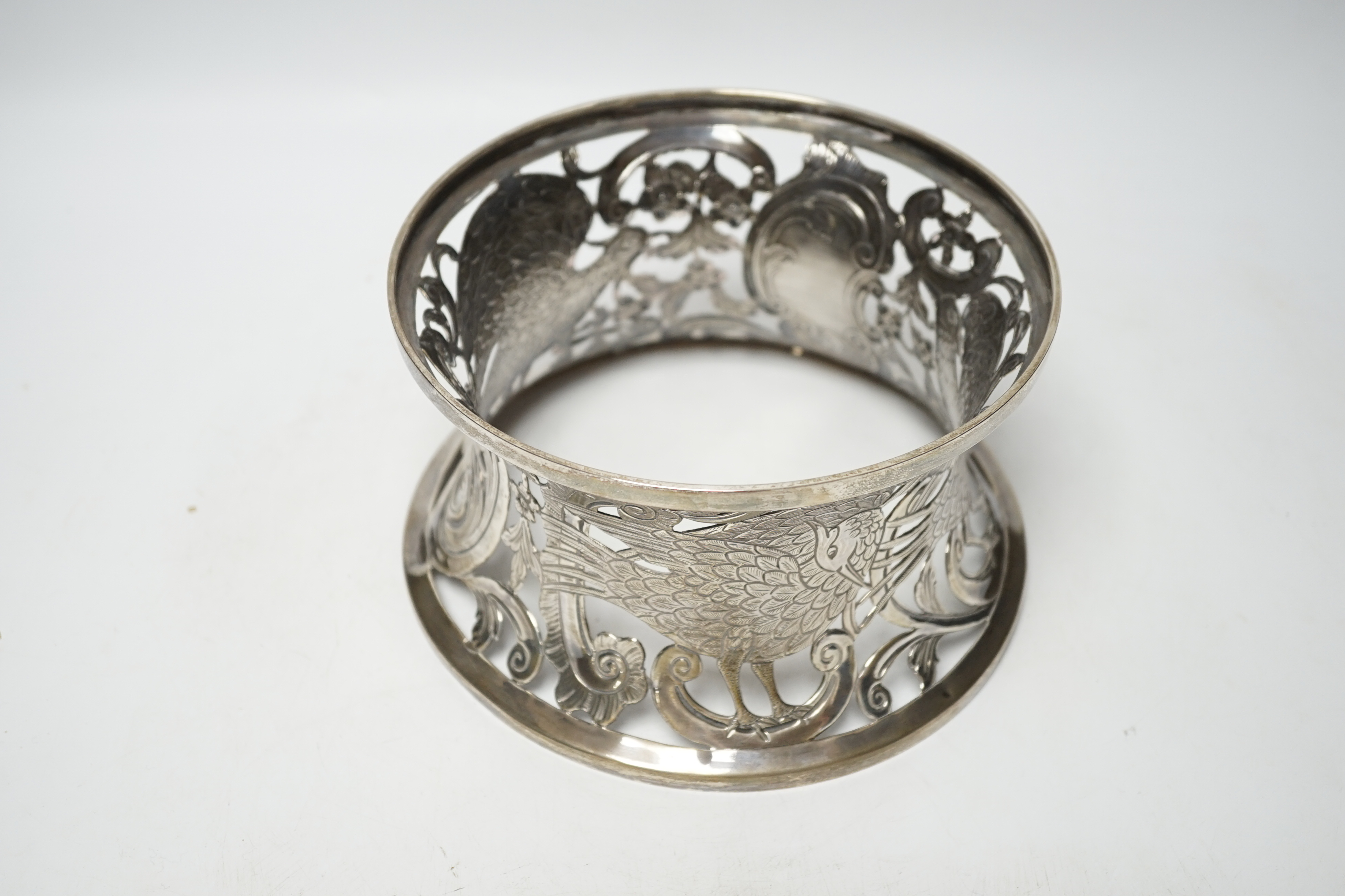 A George V Irish silver dish ring, West & Son, Dublin, 1917, top diameter 18.2cm, 9.8oz.